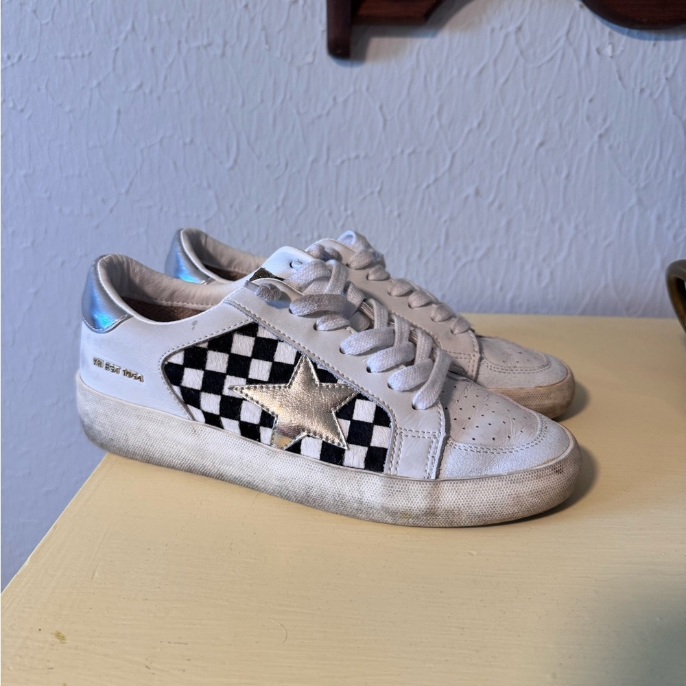 *Sold* White Leather Sneakers with Checker Star Accent